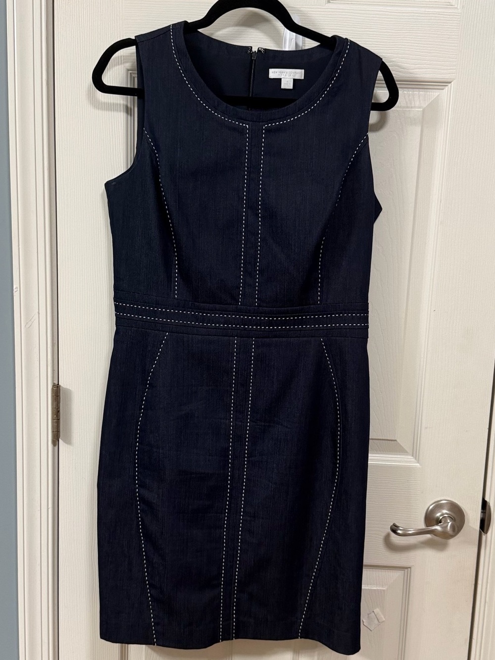 Denim Navy Sheath Dress with Contrast Stitching Office Wear Career